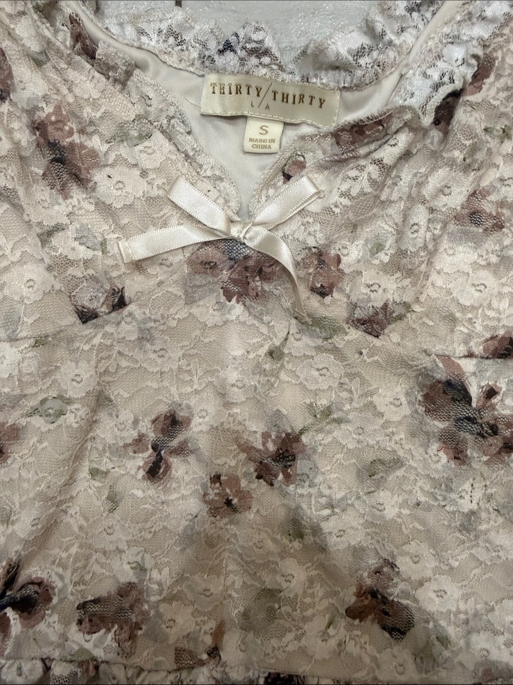 Lace Floral Ruffle Cami - Cream with Brown Floral - Picture 3 of 6